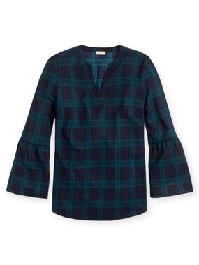 J. Crew Tartan Plaid V-Neck Bell Sleeve Top/Blouse, Green/Navy Blue